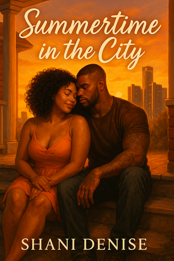 Book cover of 'Summertime in the City' by Shani Denise featuring a couple sitting together with a city skyline in the background.